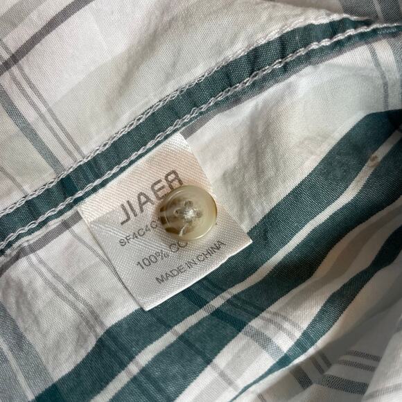 JIAER Mens 2XL Plaid Button Up Shirt Short Sleeve Cotton Green White Casual - Picture 6 of 6